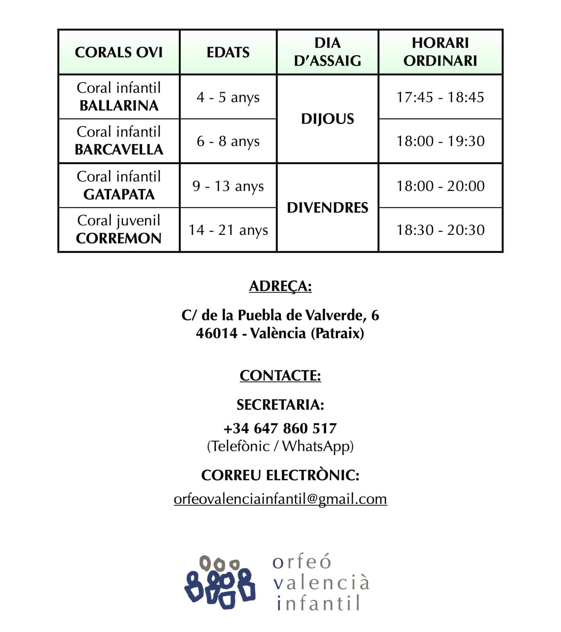 Horaris i contacte Orfeó Valencià Infantil